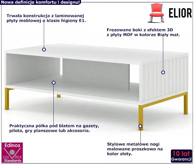 Ława kawowa z lamelami biały mat + złote nóżki - Dixter 6X