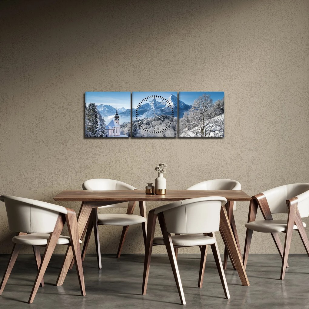 Obraz - Zaśnieżony krajobraz (z zegarem) (90x30 cm)