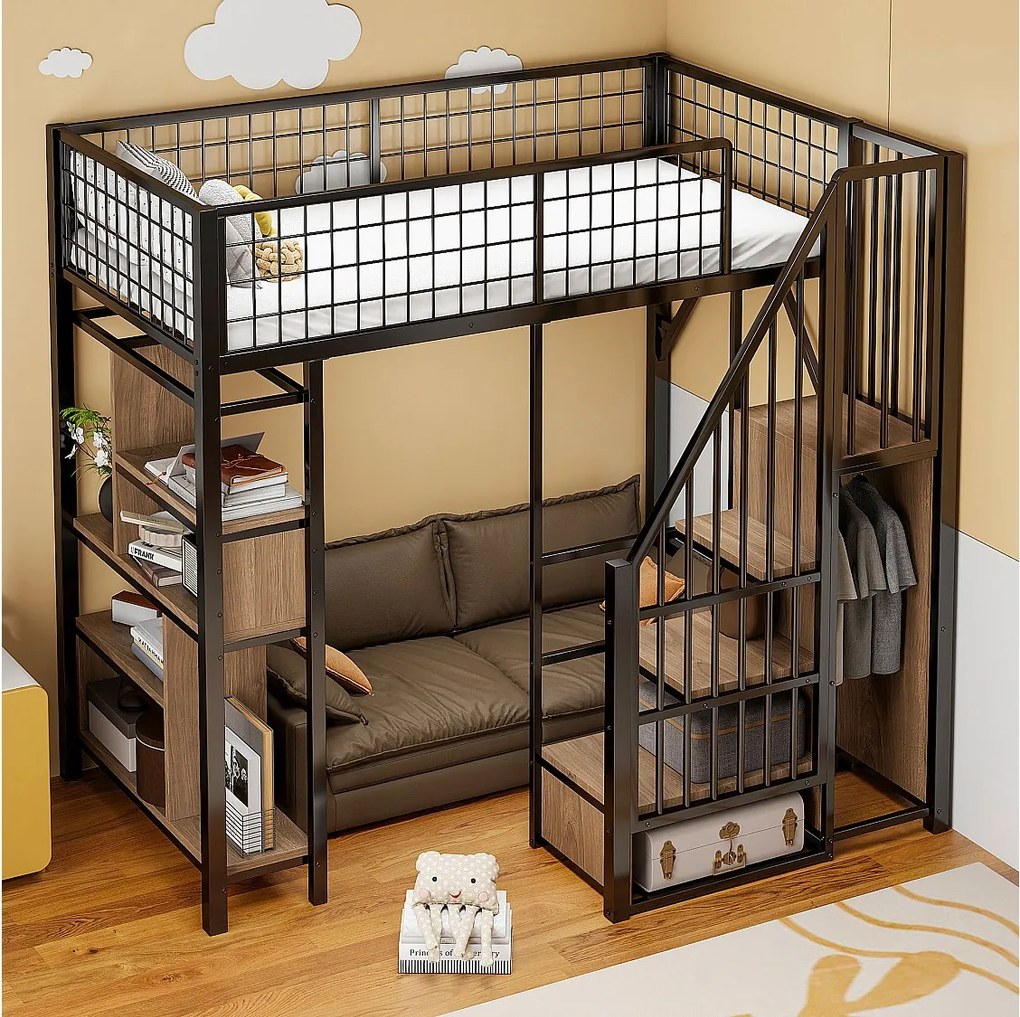 Łóżko montowane 90x200 cm – łóżko młodzieżowe z półkami i schowkiem – czarne