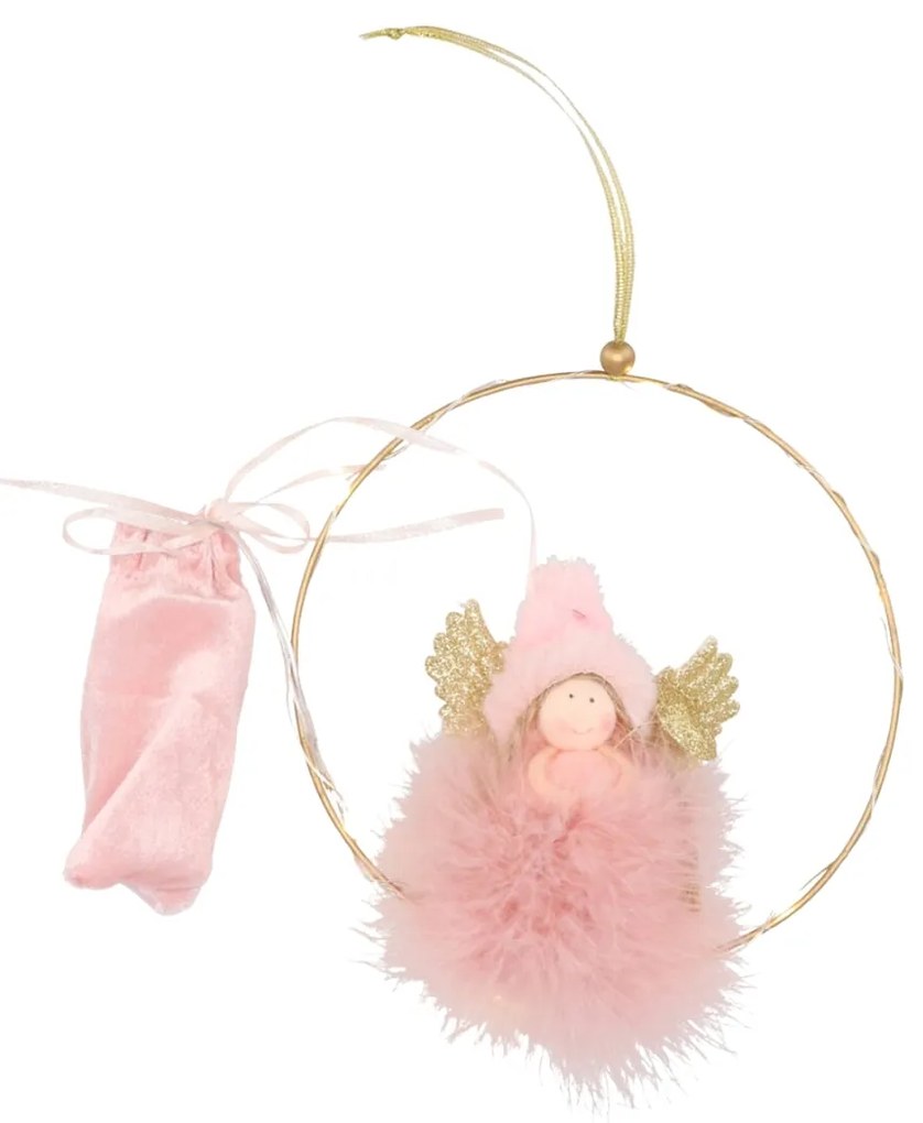 Wiszący LED różowy aniołek FLUFFY, 17 cm