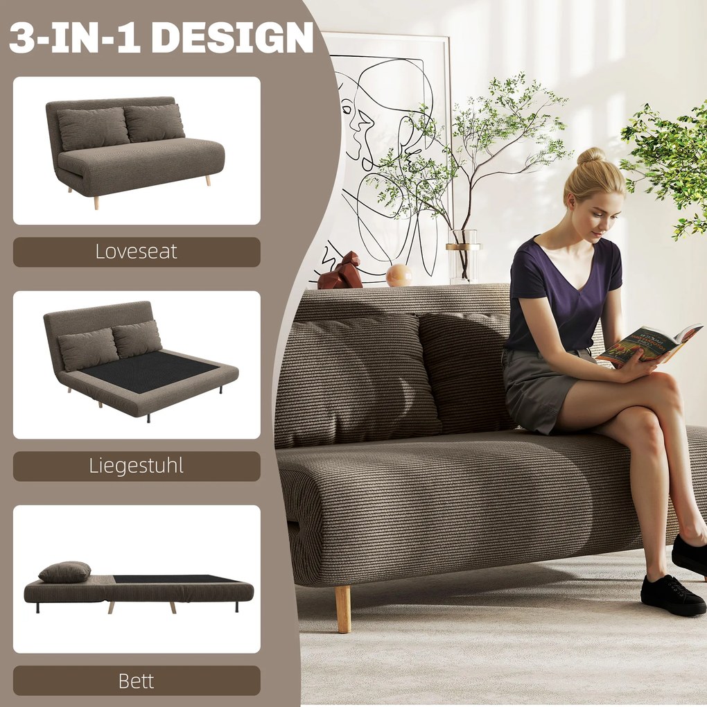 HOMCOM Sofa rozkładana, łóżko dla gości, 3-stopniowe regulowane oparcie, sztruksowy wygląd, do 120 kg, 141 x 90 x 81 cm, ciemnobrązowa