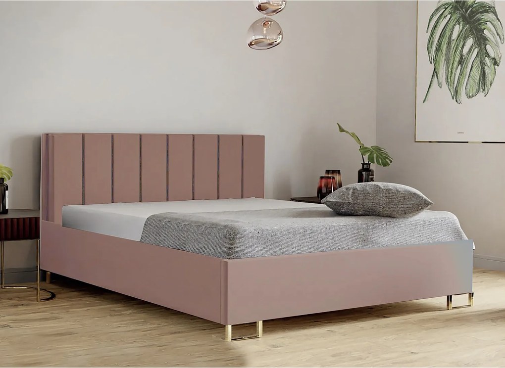 Łóżko tapicerowane MALIBU, wezgłowie, obicie MONOLITH, pojemnik na pościel, podnośnik gazowy, wysokość spania 39 cm, 140x200 cm, Pudrowy Róż