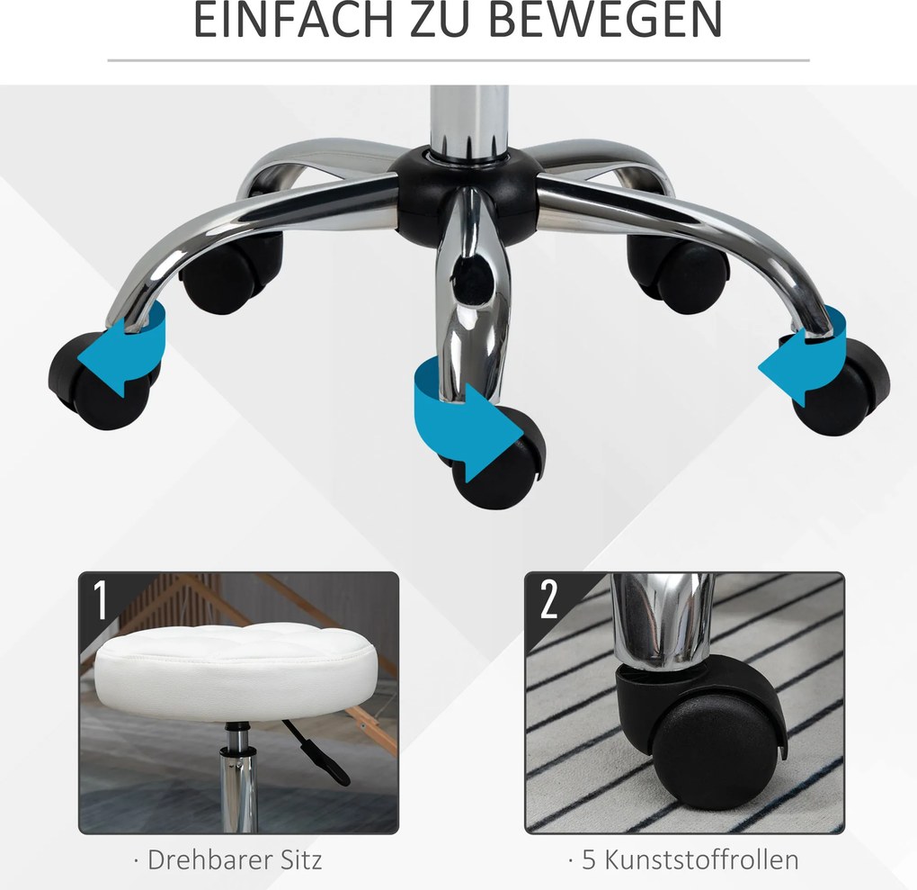 HOMCOM Stołek obrotowy, Stołek salonowy, regulowany, sztuczna skóra, pikowany wzór, Ø35,5 x 48-63 cm, Biały/Srebrny