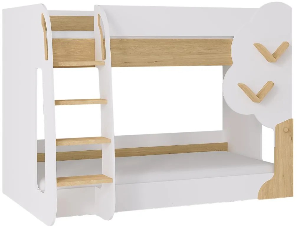 Łóżko piętrowe 2 x 90 x 190 cm - Biały i Naturalny + Materac - PILATI
