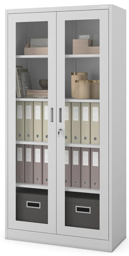 Szafa ze szklanymi drzwiami z szybami AMELIA, 900 x 1850 x 400 mm, szara