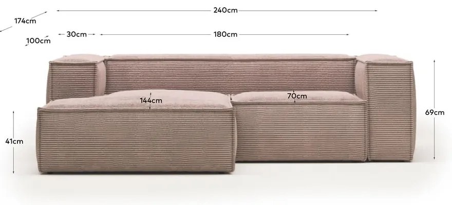 Jasnoróżowy sztruksowy narożnik (lewostronny) Blok – Kave Home