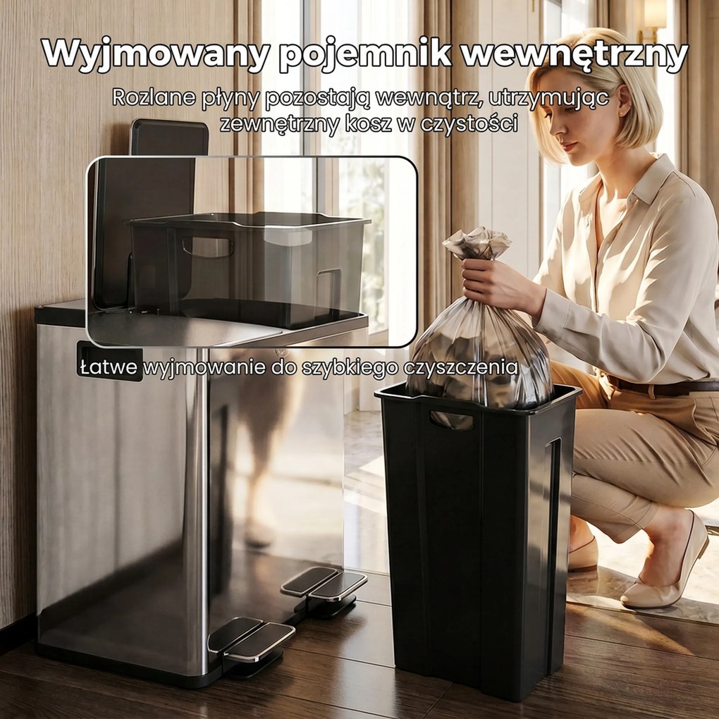 HOMCOM 2 x 20 L podwójny kosz na śmieci, otwieranie pedałem, łatwe czyszczenie, stal nierdzewna, plastik, srebrny | Aosom PL