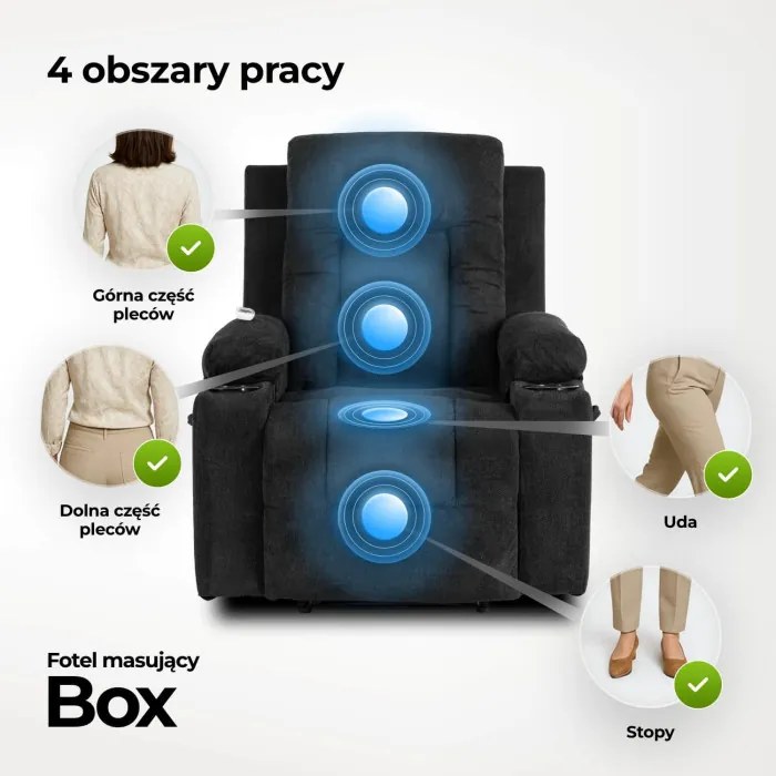 Fotel Masujący BOX 2 Rozkładany z Podnóżkiem Czarny Nowoczesny