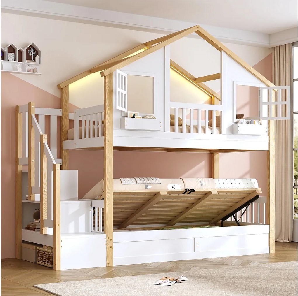 Łóżko piętrowe Enfamt - 2 x 90 x 200 cm - z łóżkiem hydraulicznym + oświetlenie LED + drabinka ze schowkiem - drewno - kolor biały i naturalny
