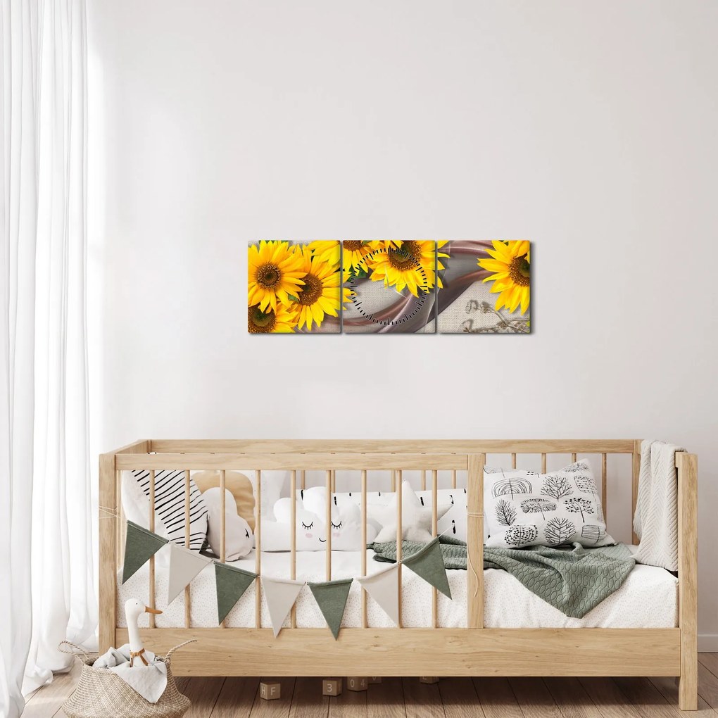 Obraz - Świecące kwiaty słonecznika (z zegarem) (90x30 cm)