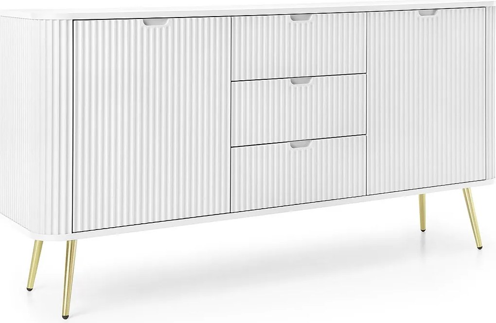 Szeroka komoda ZOVA 168 cm z 3 szufladami, 2 szafkami, uchwytami w nowoczesnym stylu, metalowe nóżki złote 168/87/39 cm, kolor: Biały