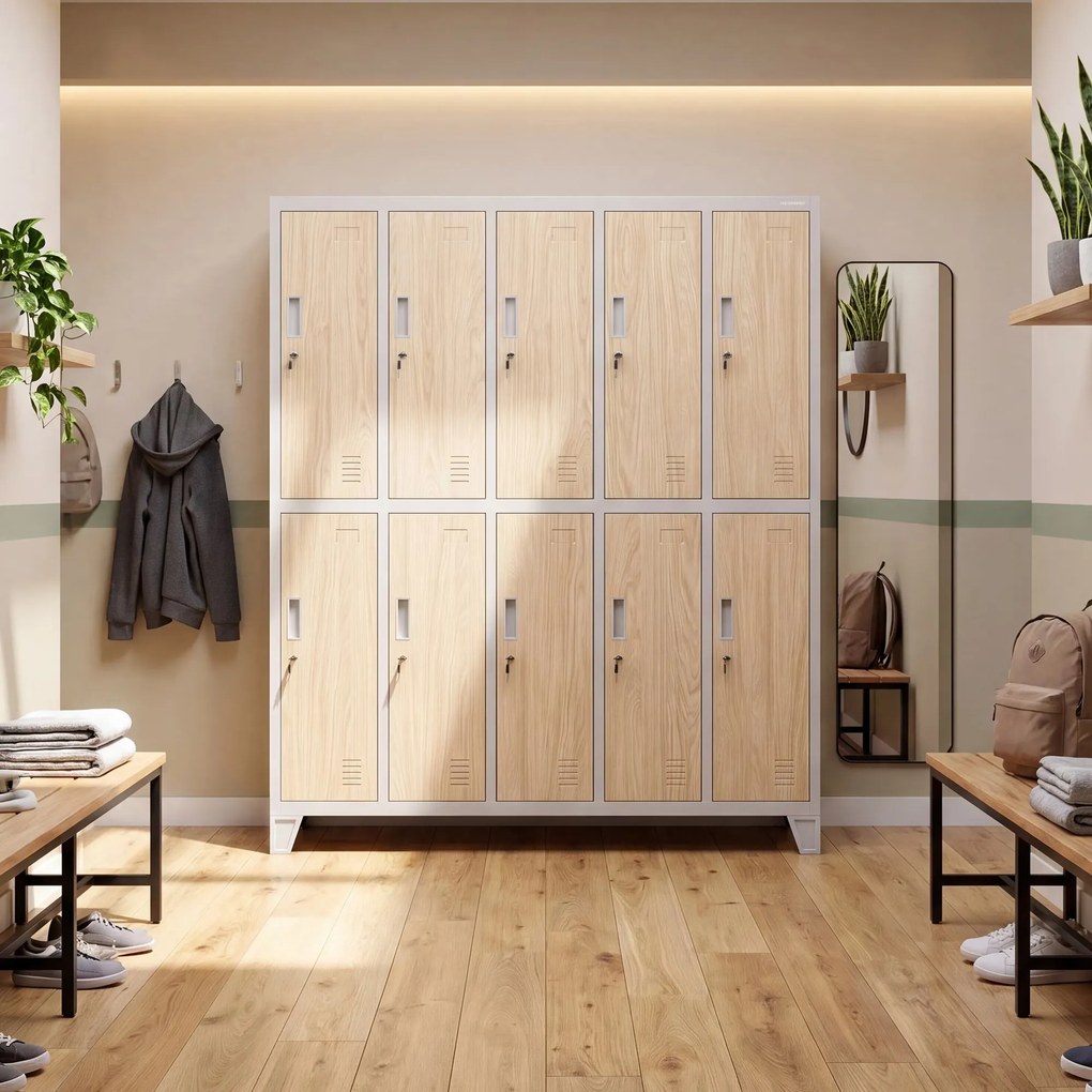 Szafa BHP ubraniowa 10-drzwiowa szara / dąb sonoma: Eco Design BARTEK 1360 x 1720 x 450 mm