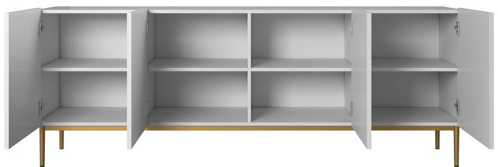 Komoda Nicole 200 cm na metalowych nogach - biały mat / złote nóżki