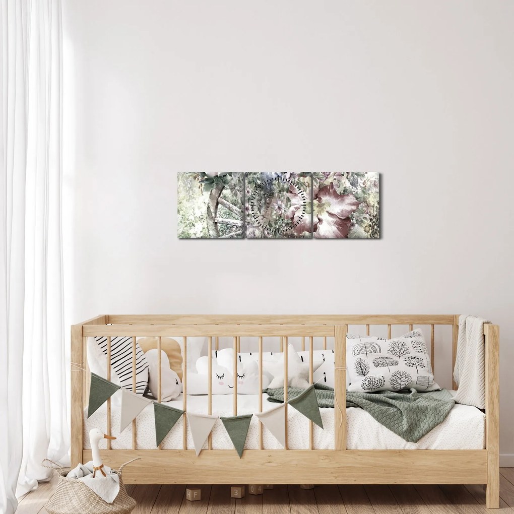 Obraz kwiatów na drewnianym kole (z zegarem) (90x30 cm)