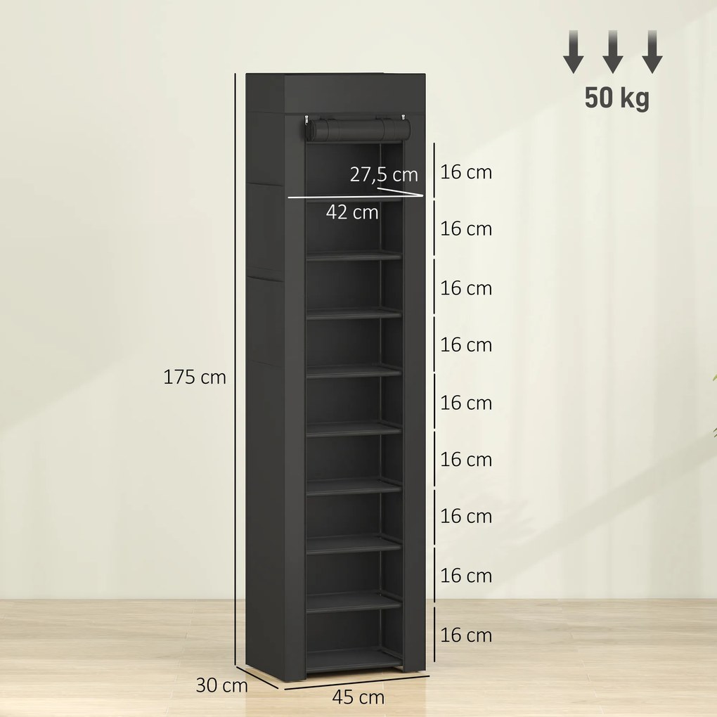 HOMCOM Regał na buty z metalu z materiałowym pokryciem chroniącym przed kurzem, do 20 par butów, 45 x 30 x 175 cm, Czarny | Aosom PL