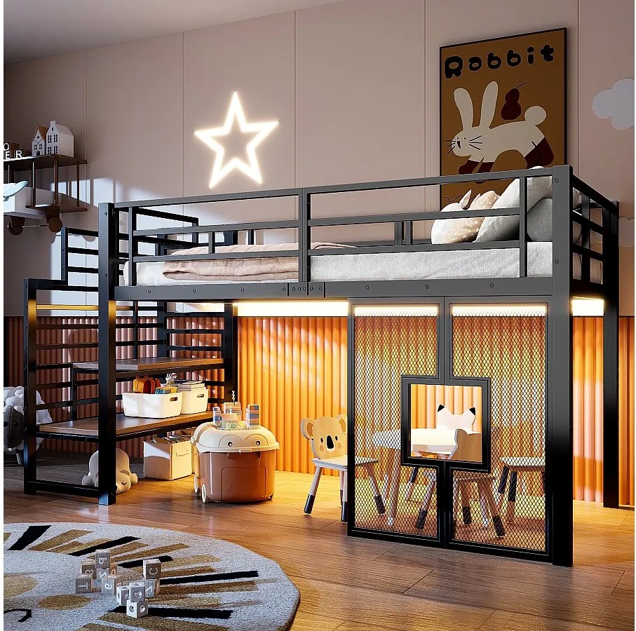 Metalowe łóżko piętrowe dla dzieci - 90 x 200 cm - ze schodami + schowkiem + diodami LED + oknami - czarne