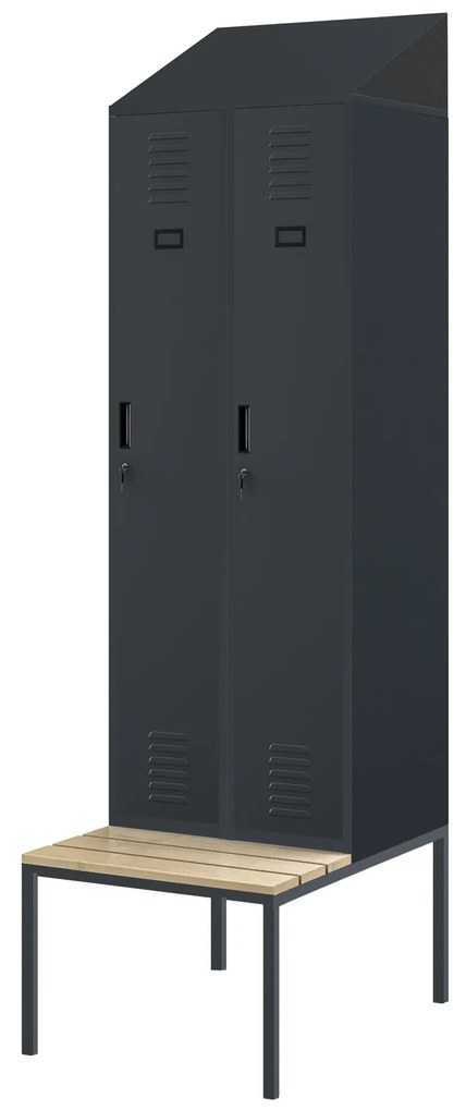 Szafka ubraniowa z ławką i daszkiem KACPER II PRO, 600 x 2295 x 850 mm, antracytowa