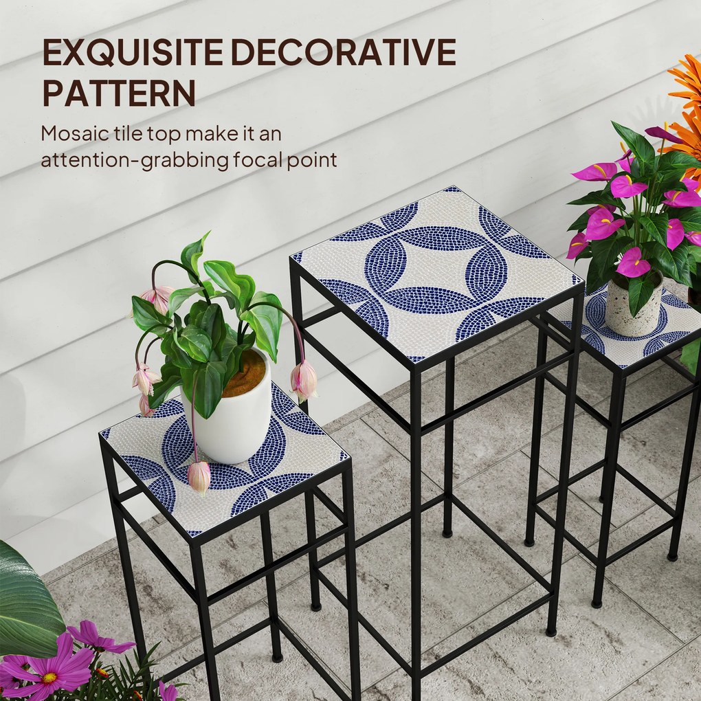 Outsunny Zestaw 3 stojaków na rośliny, 3 różne wielkości dla prezentacji kwiatów i innych przedmiotów, Niebieski+Biały