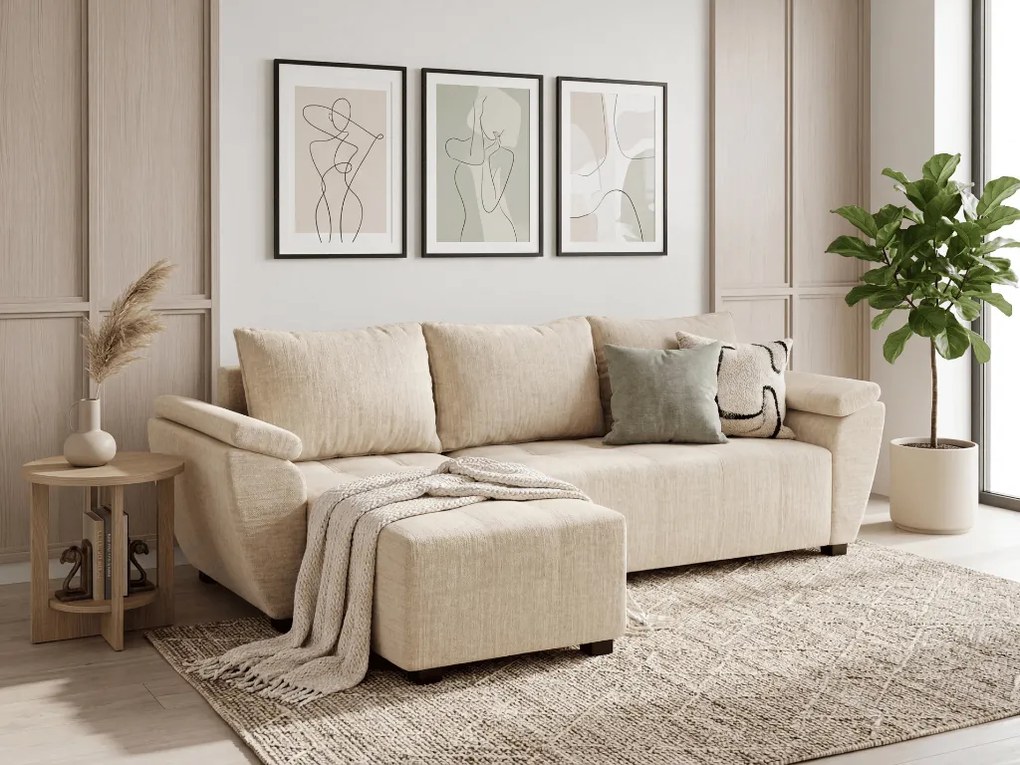 Rozkładana narożna sofa LIVARO 305x140 cm, kremowa, uniwersalna