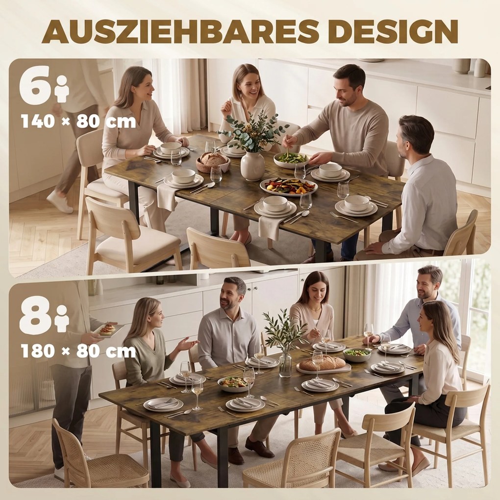 HOMCOM Stół rozkładany 140-180 cm dla 6-8 osób, prostokątny w stylu industrialnym z metalowym stelażem, imitacja drewna tygrysiego | Aosom PL