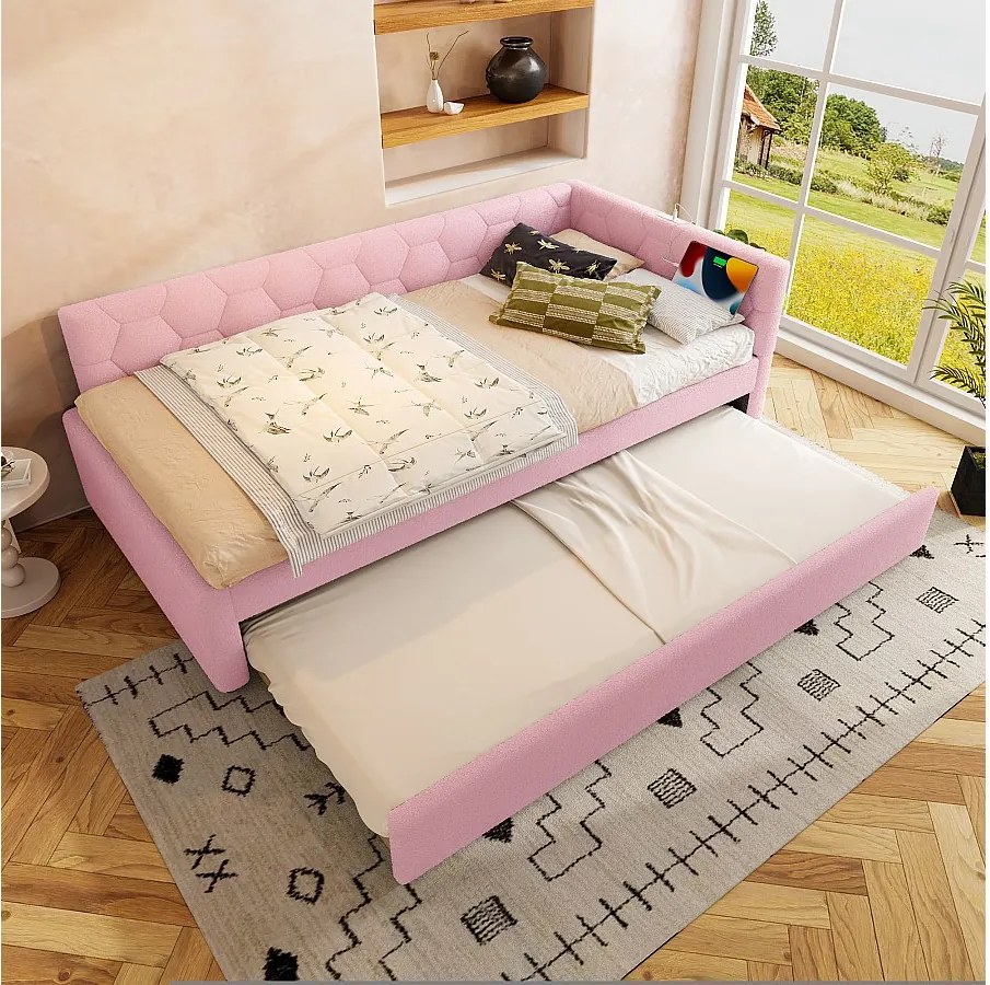 Łóżko wysuwane 90 x 200 cm - łóżko dziecięce z ładowarką USB i lampką nocną - różowy aksamit - bez materaca