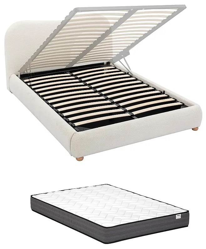 Łóżko ze skrzynią 140 x 190 cm - Bukla - Biały + Materac - VANARI