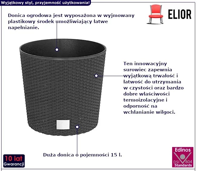 Antracytowa donica o wyglądzie rattanu K5-B46