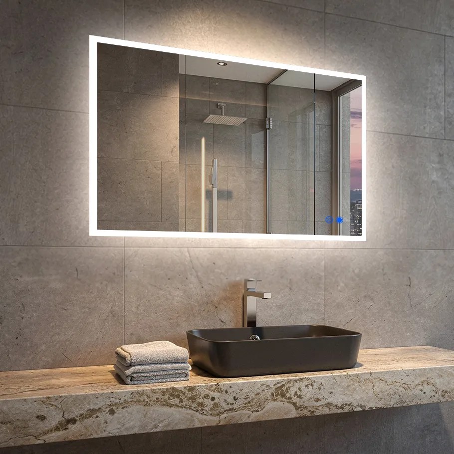Prostokątne lustro łazienkowe LED 80x60\100x70\120x70\60x80\70x100\70x120 cm z Dual color, Włącznik dotykowy, Mata grzewcza