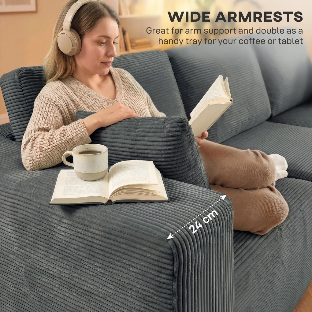 HOMCOM Modułowa narożna sofa, L-kształtna sofa-łóżko z głębokim siedziskiem, szerokimi podłokietnikami, 2 poduszki, ciemnoszary | Aosom PL