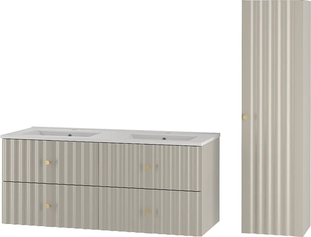 Kaszmirowy Zestaw Łazienkowy 120cm Szafka z Umywalą Słupek Ryflowane Fronty Aqua