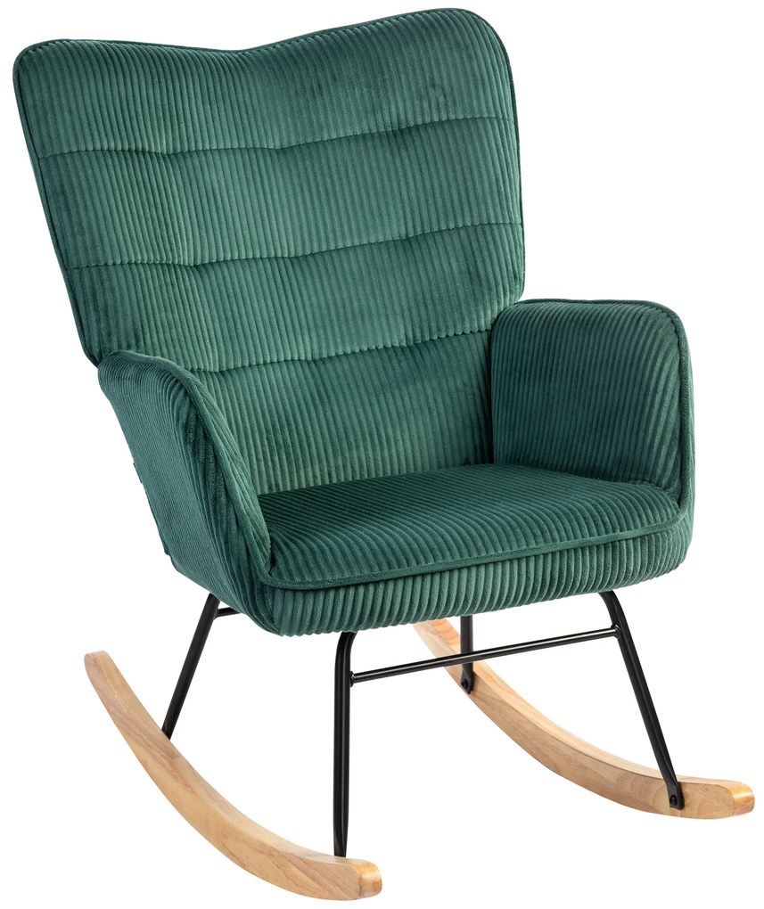 HOMCOM Fotel bujany, Płózki z drewna bukowego, Grube tapicerowanie, Ciemnozielony, do 120 kg