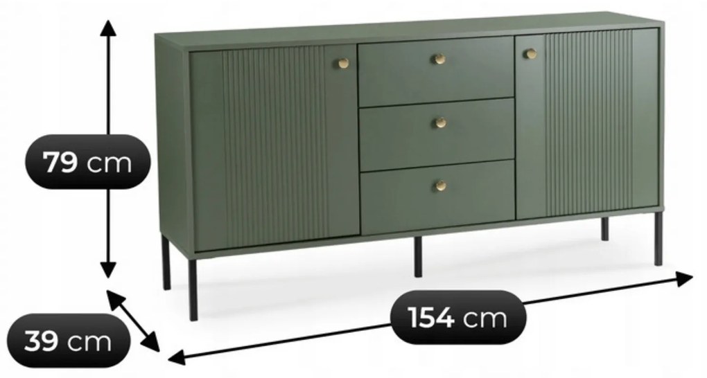 Komoda do Salonu Sypialni SOFT 154 cm Zielona Ryflowana Dwudrzwiowa z Szufladami Nowoczesna