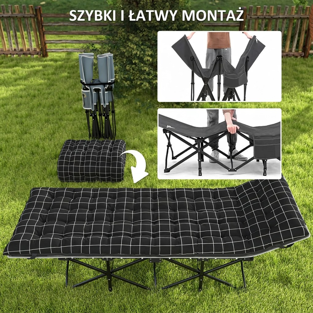Outsunny Składane łóżko campingowe, z materacem, ergonomiczne, metalowy stelaż, Czarne