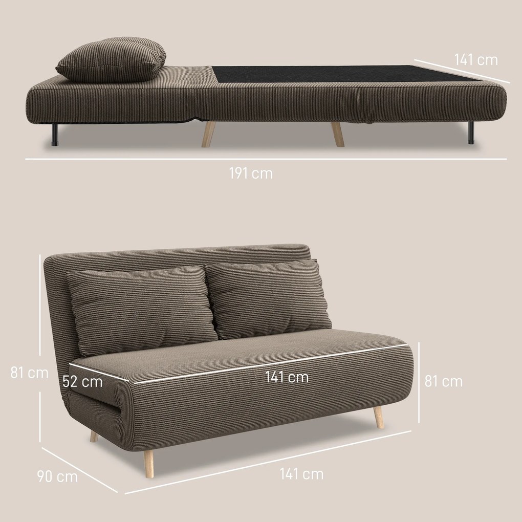 HOMCOM Sofa rozkładana, łóżko dla gości, 3-stopniowe regulowane oparcie, sztruksowy wygląd, do 120 kg, 141 x 90 x 81 cm, ciemnobrązowa