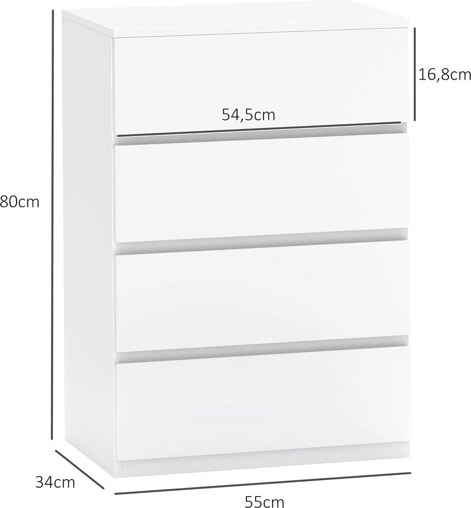 HOMCOM Komoda z 4 szufladami, biała, 55 x 33 x 80 cm, szafka biurowa z zabezpieczonymi uchwytami, do salonu i sypialni