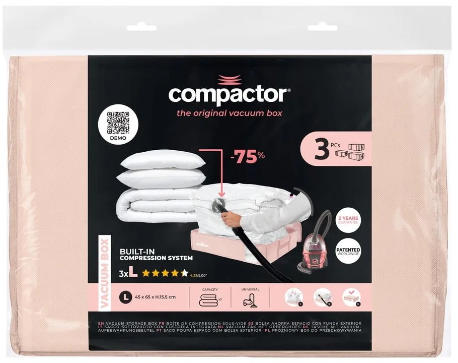 Plastikowe pojemniki próżniowe pod łóżko zestaw 3 szt. 65x45x15,5 cm Pink Edition – Compactor