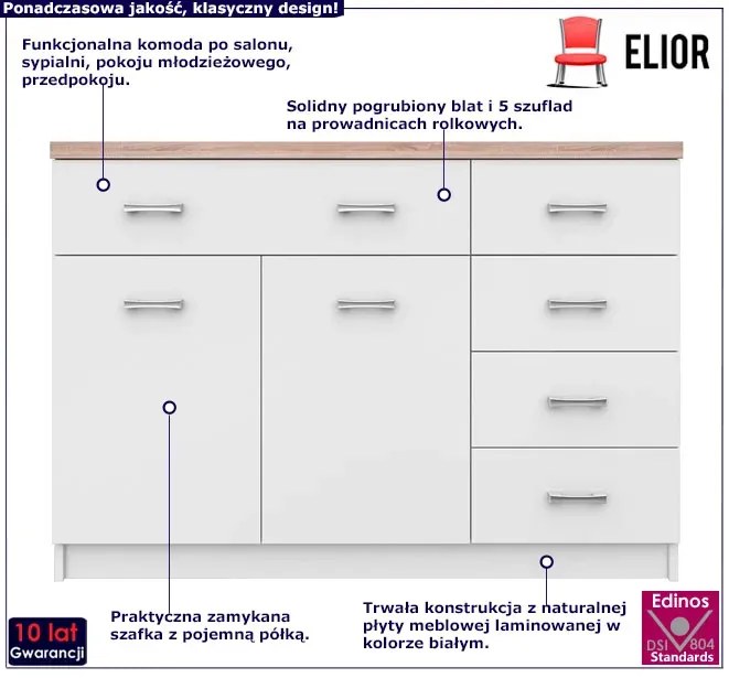 Biała komoda z szafką i 5 szufladami 120 cm T0-K67