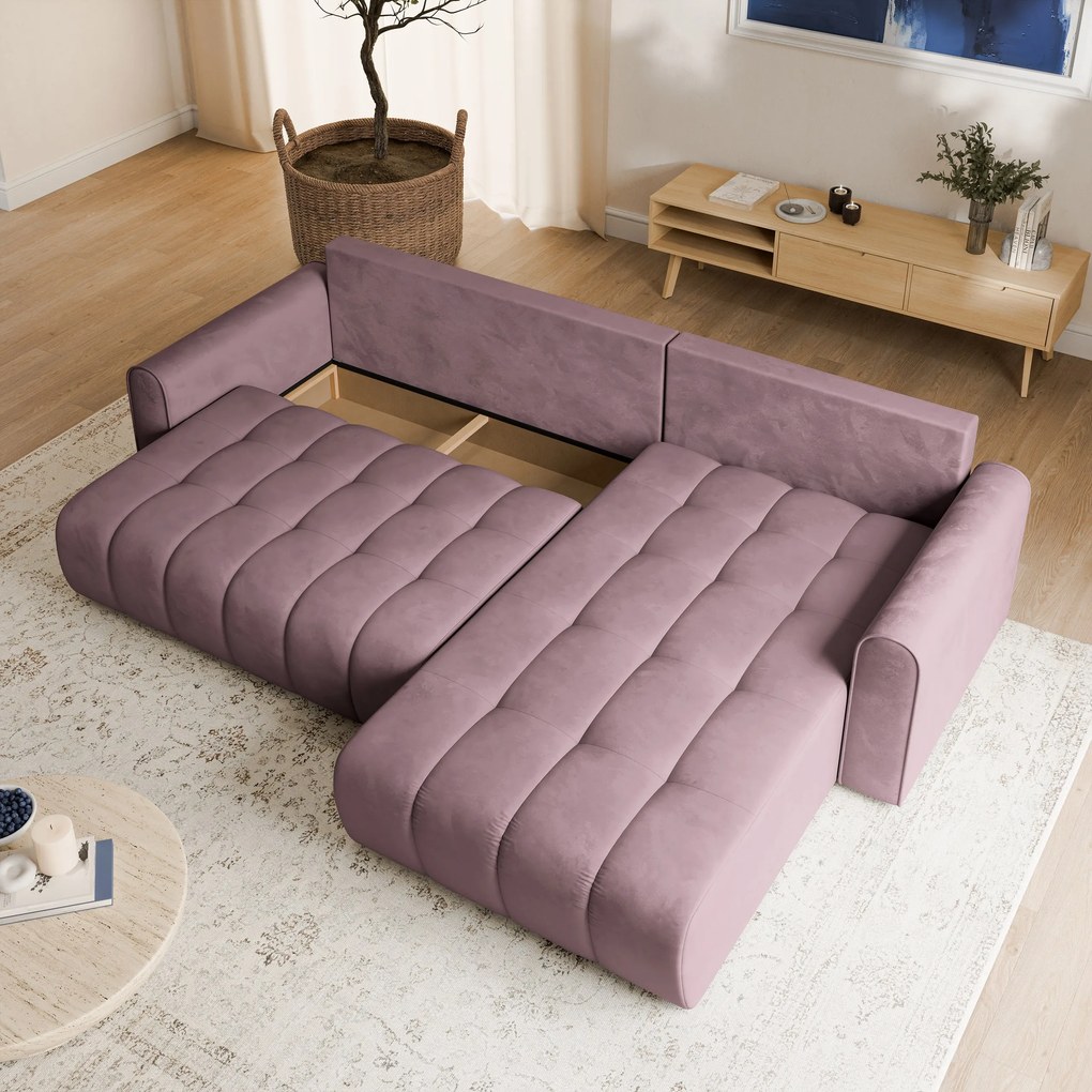 Masseno Narożnik FRIGA z funkcją spania i pojemnikiem na pościel Narozniki L, Rozkładana sofa - Wrzosowy, MONOLITH 62