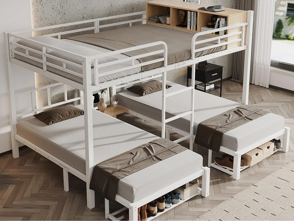 Łóżko piętrowe dziecięce 90x200cm + 140x200cm - może pomieścić 3 osoby - z otwartymi półkami, półką na buty i drabinką - Biały (bez materaca)