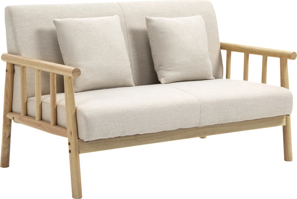 HOMCOM Sofa 2-osobowa, Tapicerka w wyglądzie lnu, Kompaktowa, do 200 kg, Rama drewniana, 123Dł x 69Szer x 74Wys cm, Beżowa