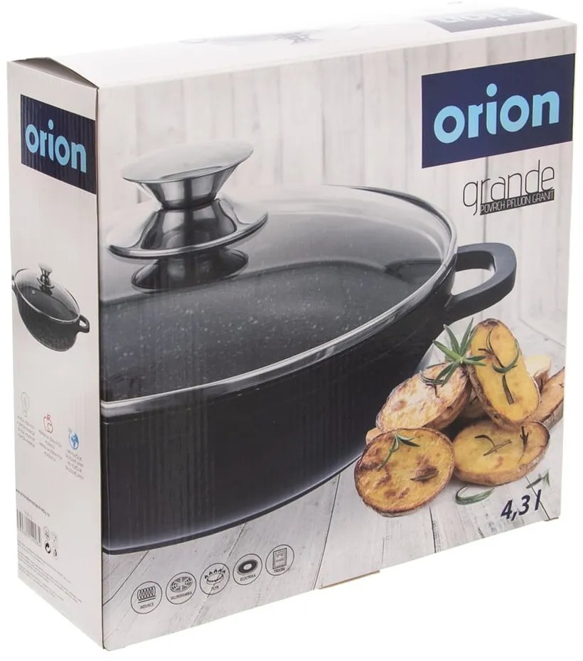 Niski garnek z powierzchnią nieprzywierającą Pfluon Granit i szklaną pokrywką Orion Grande, ⌀ 28 cm
