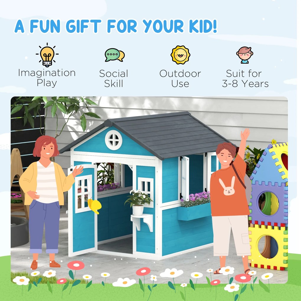 Outsunny Domek Ogrodowy dla Dzieci, Drewniany Domek Zabaw z Oknami, Doniczkami, 3-8 Lat, Niebieski