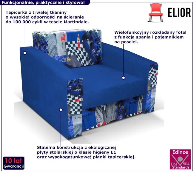Niebieski rozkładany fotel tapicerowany z motyem F1 C0-H94