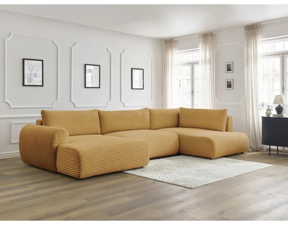 Musztardowy sztruksowy rozkładany/ze schowkiem narożnik (prawostronny/w kształcie litery U) Lucien – Bobochic Paris