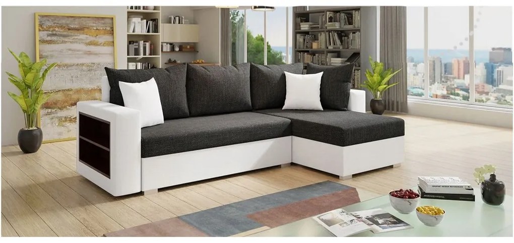 Sofa narożna KONGO, uniwersalny mebel z funkcją spania i praktyczną półką