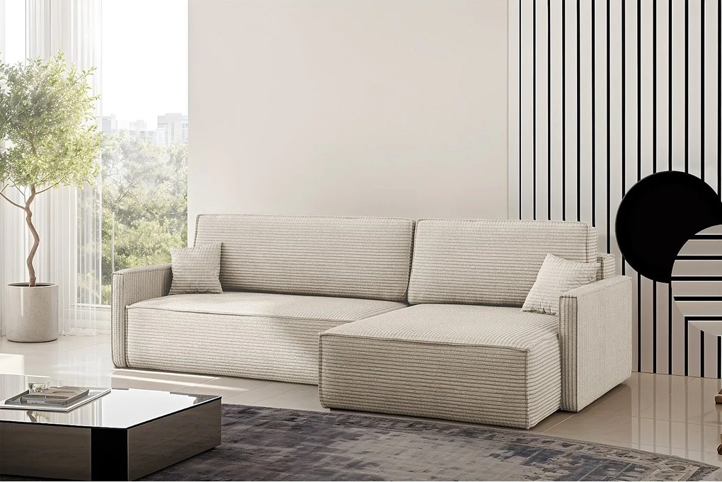 Narożnik z funkcją spania i pojemnikiem w kształcie L Carlos, tkanina Poso, Beżowy, Prawy