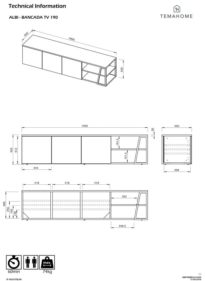 Czarna szafka pod TV w dekorze orzecha 190x45 cm Albi – TemaHome