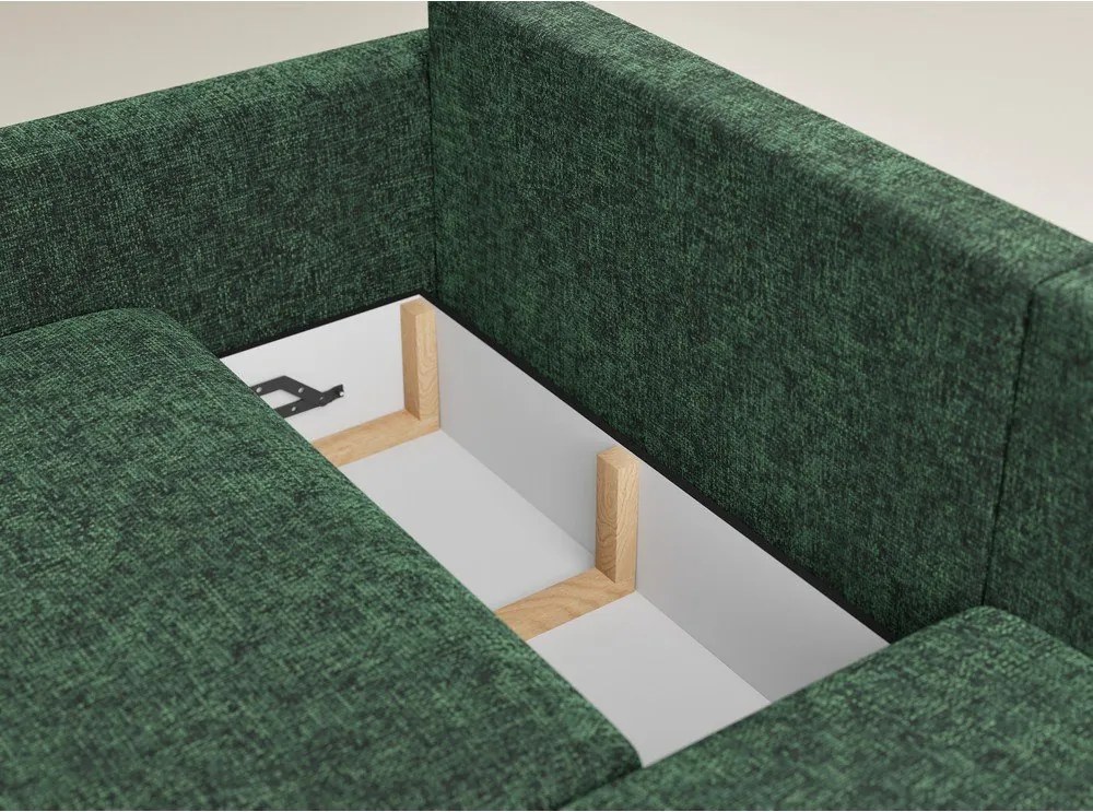 Ciemnozielony rozkładany narożnik ze schowkiem z tkaniny szenilowej (prawostronny/z szezlongiem) Leon – Maison de Rêve
