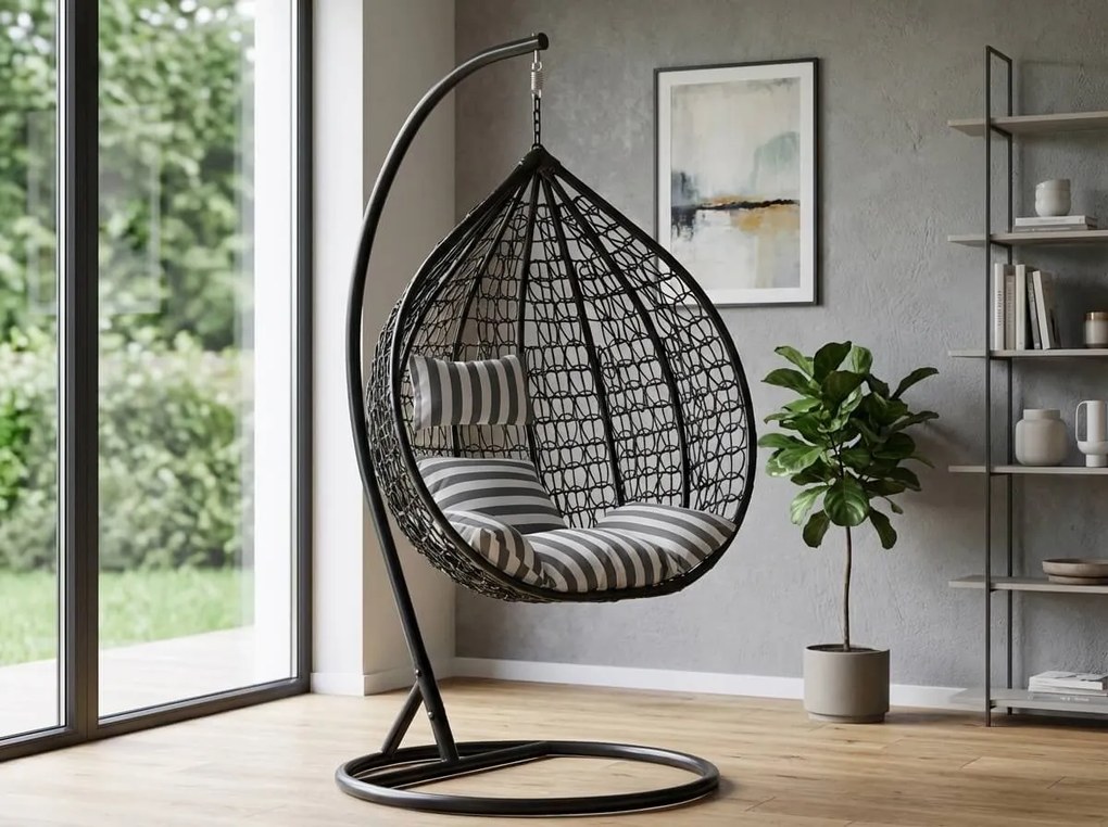 Czarne wiszące krzesło KOKON ze stojakiem, biało-szara poduszka