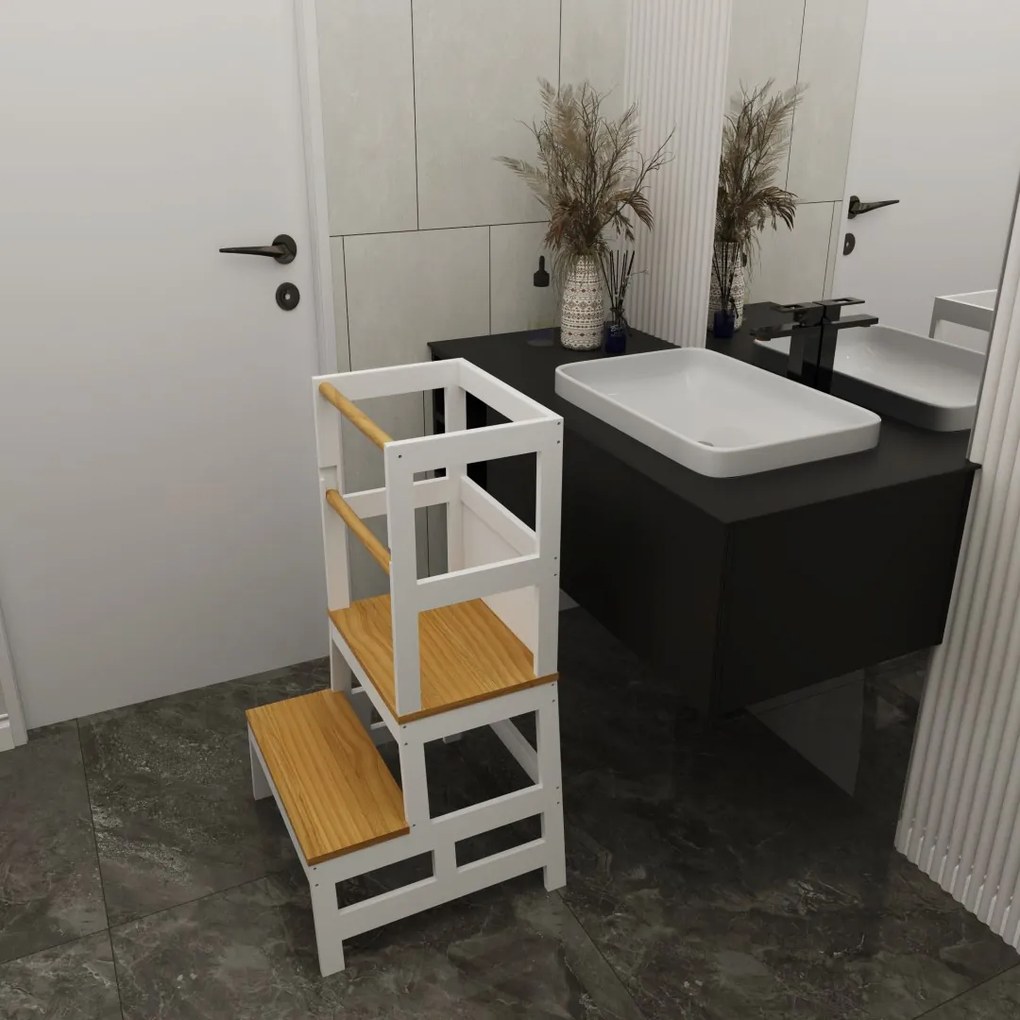 Jurhan Wieża edukacyjna PLAY z drewna sosnowego, 93x56x49, biała/naturalny brąz